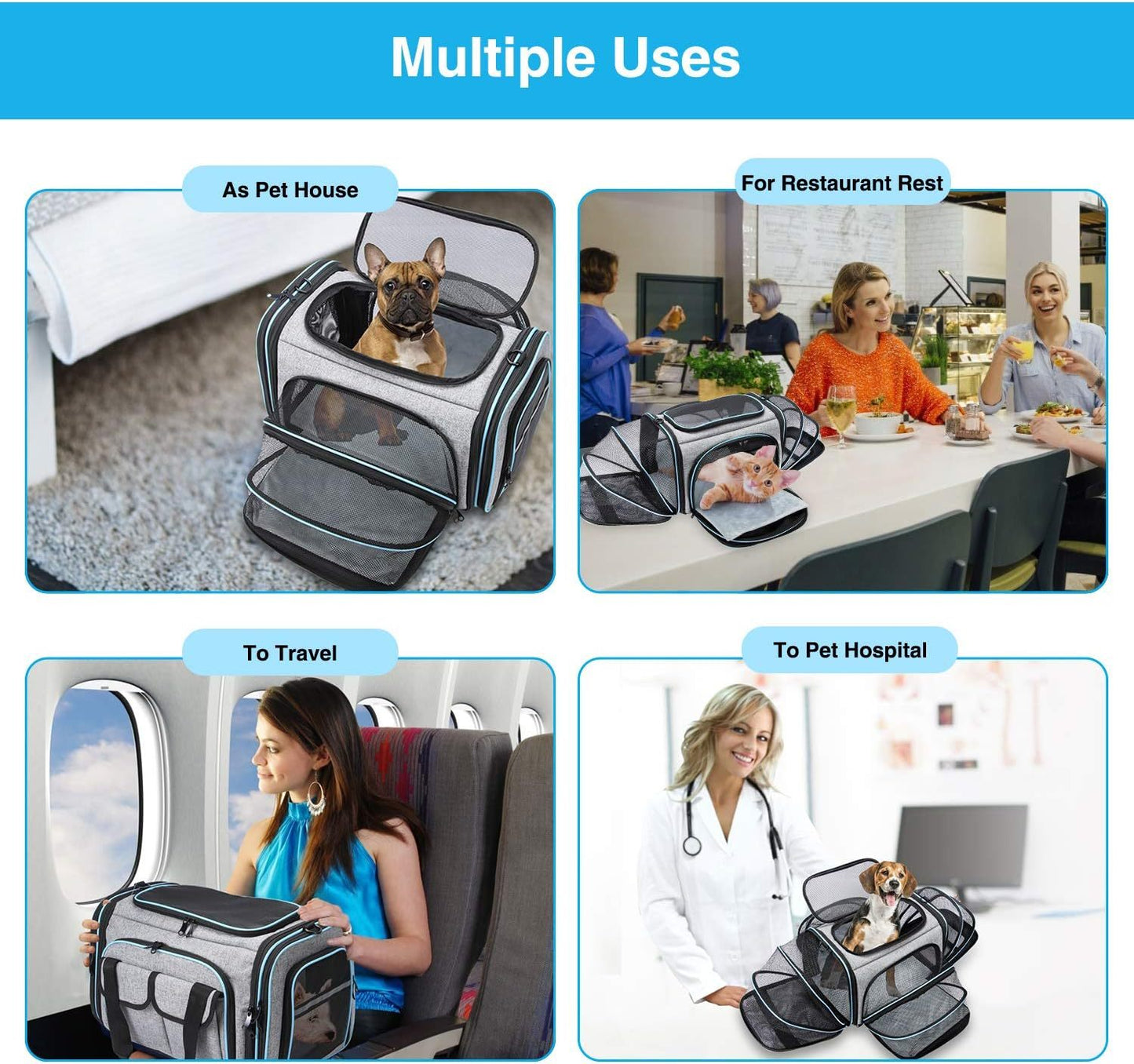 Approved Pet Carrier, Large Soft Sided Pet Travel TSA Carrier 4 Sides Expandable Cat Collapsible Carrier With Removable Fleece Pad And Pockets For Cats Dogs And Small Animals