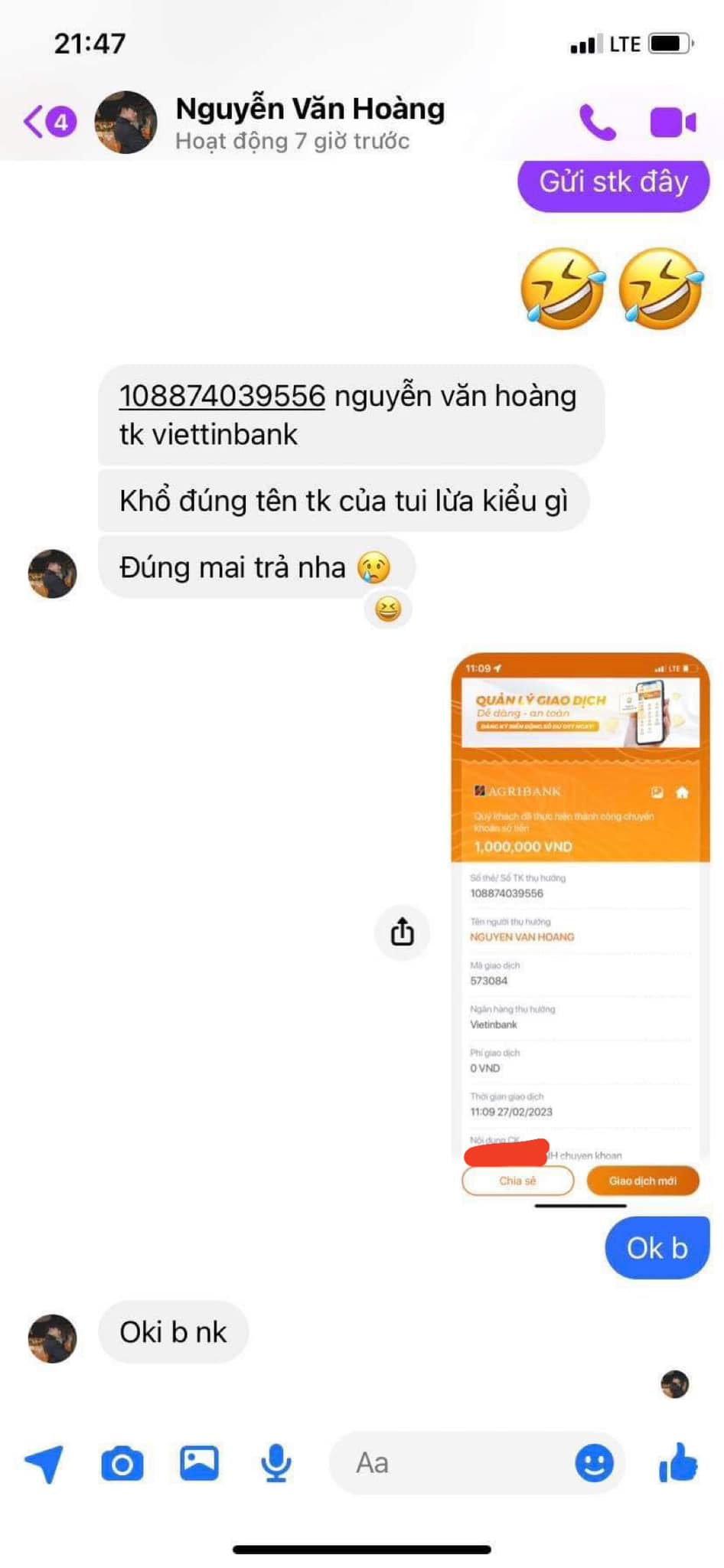Scam messages about money transfers via social networks