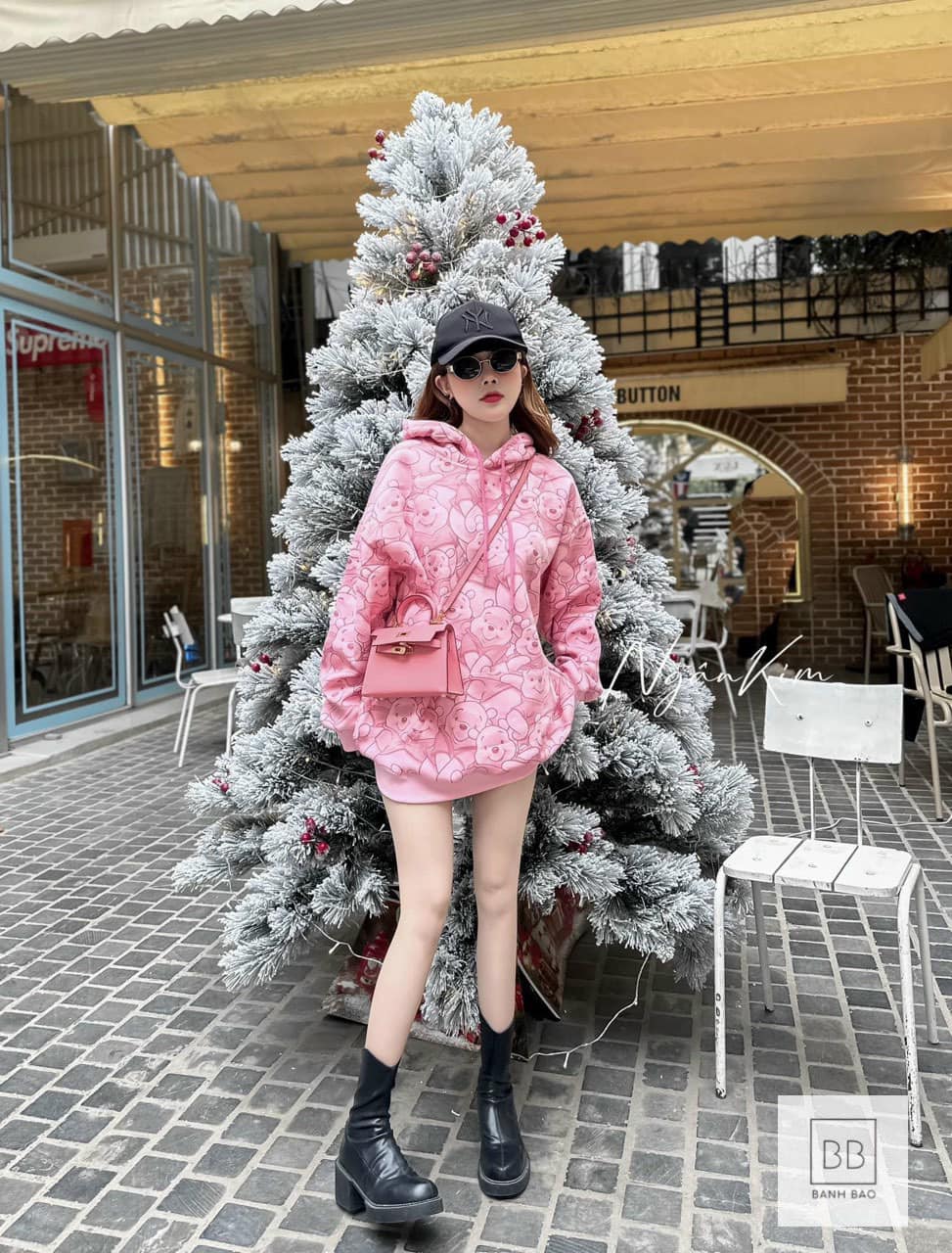 Sudadera con Capucha Oversize para Mujer – Estampado de Ositos Rosados, Tela Polar Cálida, Estilo Streetwear