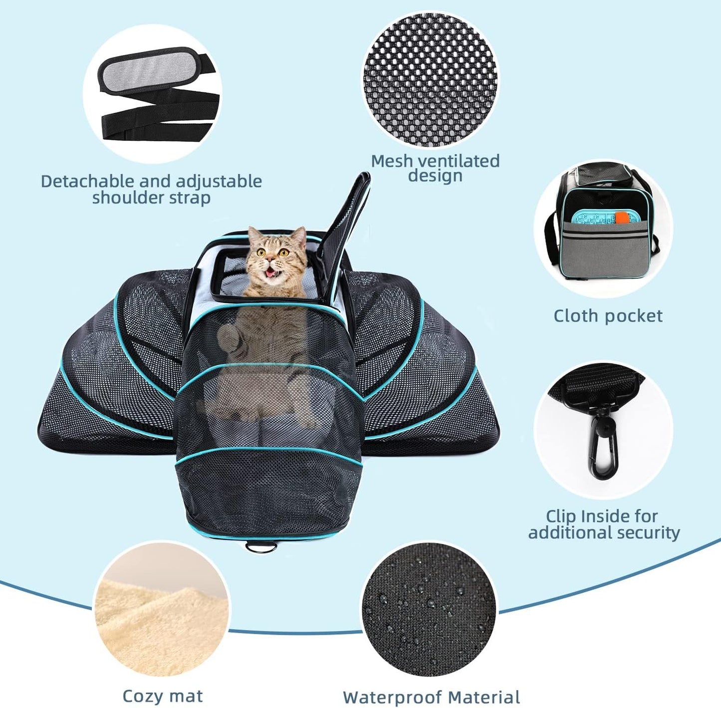 Approved Pet Carrier, Large Soft Sided Pet Travel TSA Carrier 4 Sides Expandable Cat Collapsible Carrier With Removable Fleece Pad And Pockets For Cats Dogs And Small Animals