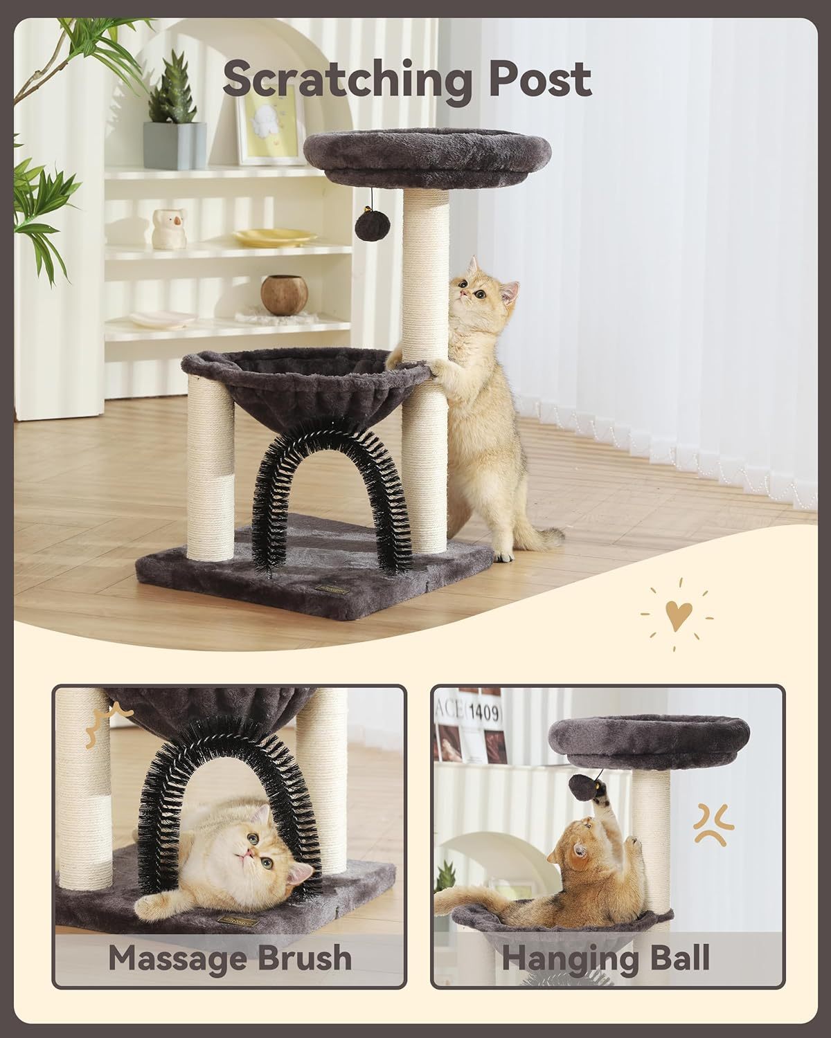 27.8inch Tall Cat Tree Tower For Indoor Cats Multi-Level Cat Furniture With Sisal Scratching Posts, Plush Perches & Hanging Toys Large Durable Cat Tower, Perfect Gift For Cat Lovers