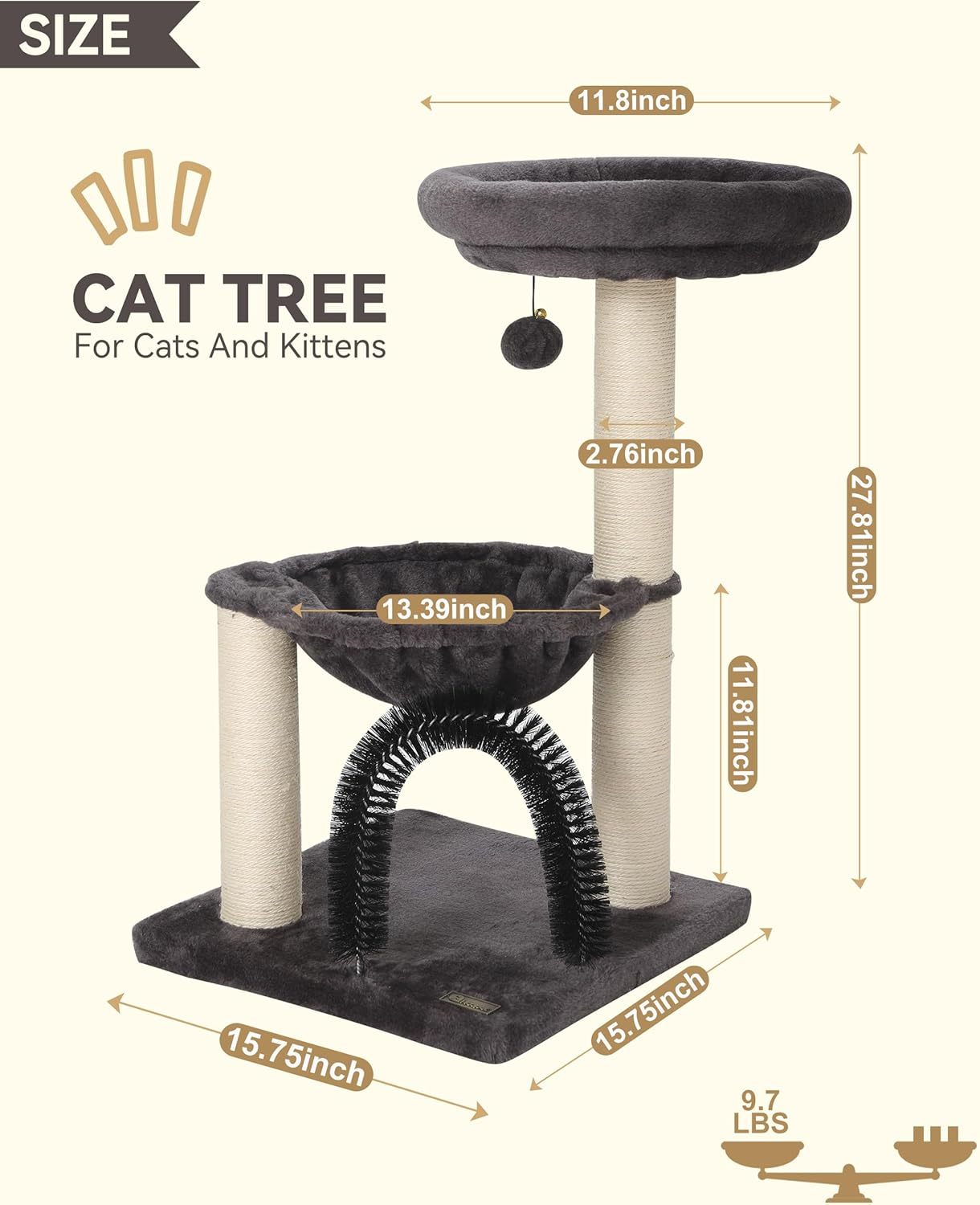 27.8inch Tall Cat Tree Tower For Indoor Cats Multi-Level Cat Furniture With Sisal Scratching Posts, Plush Perches & Hanging Toys Large Durable Cat Tower, Perfect Gift For Cat Lovers