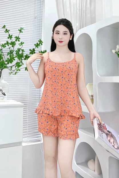 Women’s Floral Print Spaghetti Strap Homewear Set – Soft Silk Fabric