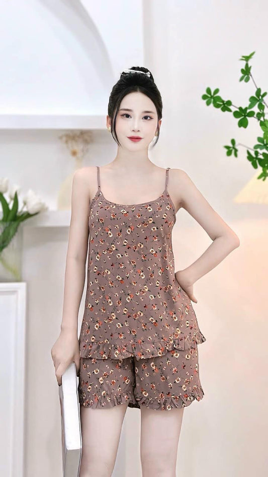 Women’s Floral Print Spaghetti Strap Homewear Set – Soft Silk Fabric
