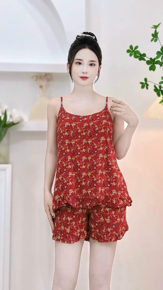 Women’s Floral Print Spaghetti Strap Homewear Set – Soft Silk Fabric