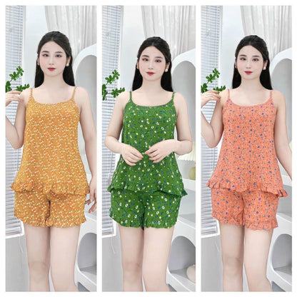 Women’s Floral Print Spaghetti Strap Homewear Set – Soft Silk Fabric