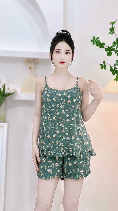 Women’s Floral Print Spaghetti Strap Homewear Set – Soft Silk Fabric