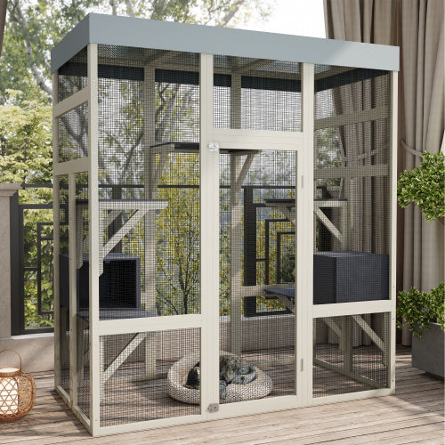 62.6 Gray Wooden Catio Outdoor Pet Enclosure With Waterproof Top, Spacious And Secure Cat House   Small Animal Cage, Black Rust-proof Metal Wire