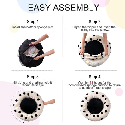 MEWOOFUN Donut Cat Bed For Indoor Cats - 23 Inch Round Washable Pet Bed With Non-Slip Bottom, Plush Fluffy Small Dog Bed For Puppies & Kittens, Black Dot