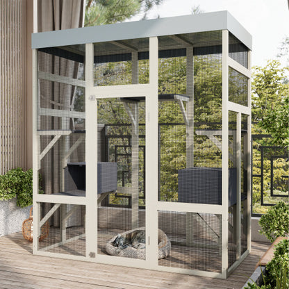 62.6 Gray Wooden Catio Outdoor Pet Enclosure With Waterproof Top, Spacious And Secure Cat House   Small Animal Cage, Black Rust-proof Metal Wire